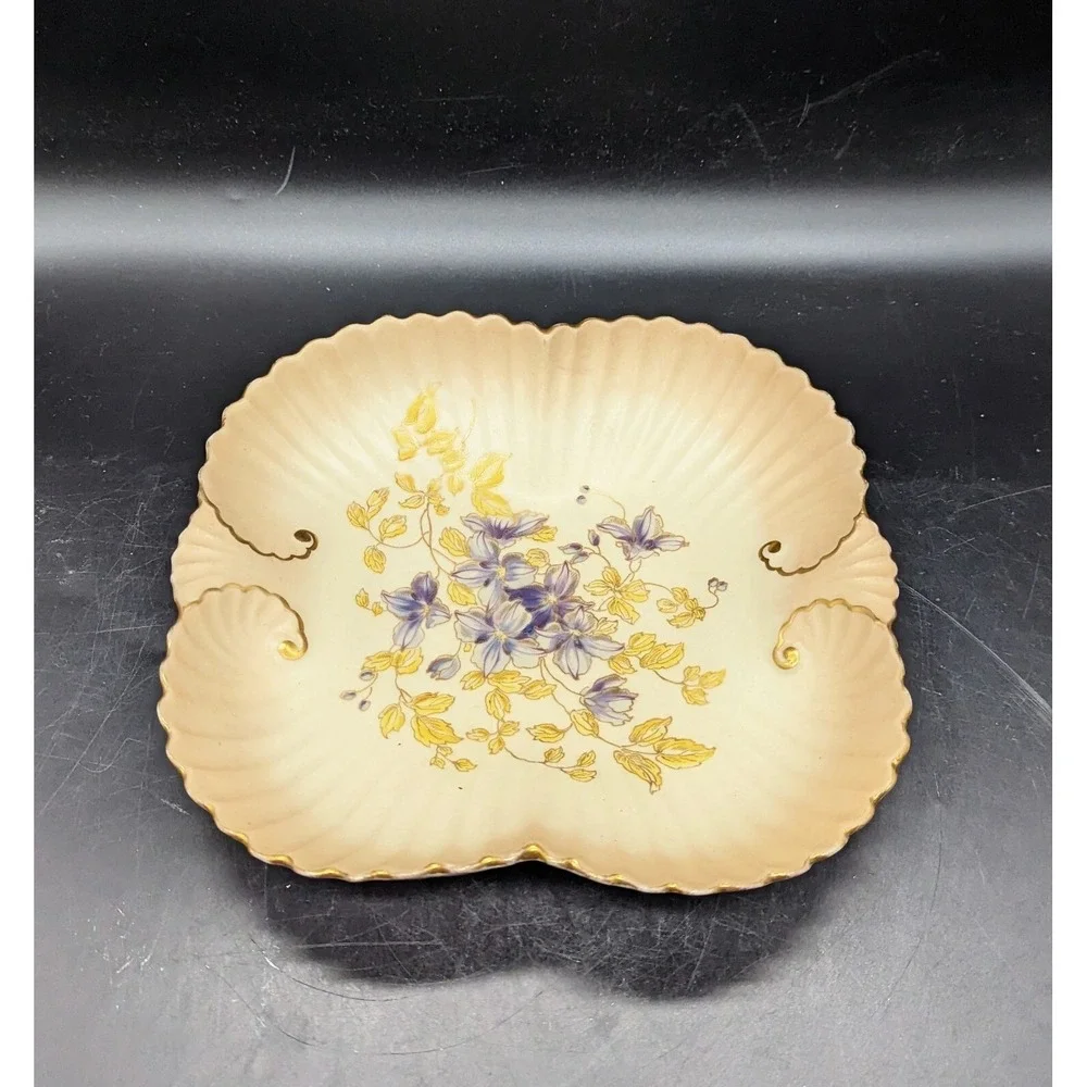 Antique‎ Fluted Porcelain Square Nut Candy Dish Purple Flower Violet 9